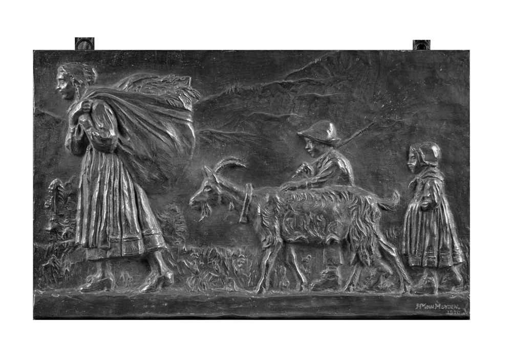 Bas-relief en métal représentant une scène pastorale